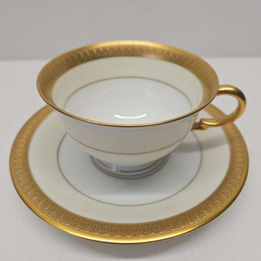 Neurohlau Bohemia Czechoslovakia Tea Cup And Saucer White Cream and Gold Gilt